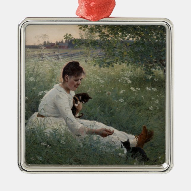 Flickor med katter i ett sommarlandskap (Kittens) Julgransprydnad Metall (Framsidan)