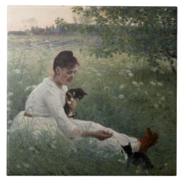 Flickor med katter i ett sommarlandskap (Kittens) Kakelplatta