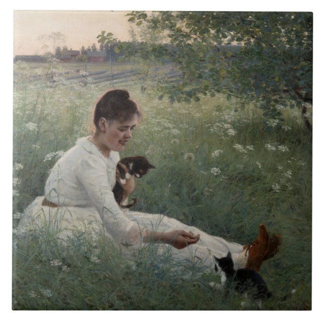 Flickor med katter i ett sommarlandskap (Kittens) Kakelplatta (Framsidan)