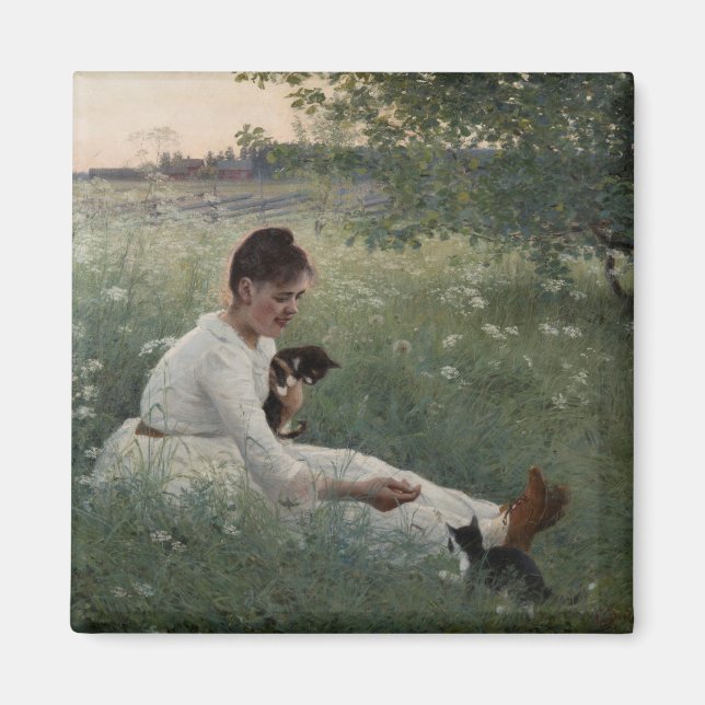 Flickor med katter i ett sommarlandskap (Kittens) Magnet (Framsidan)