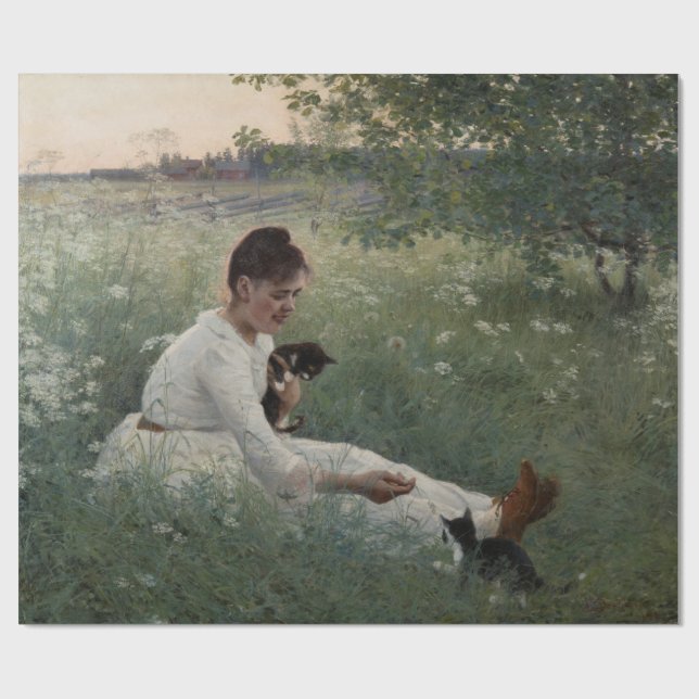 Flickor med katter i ett sommarlandskap (Kittens) Presentpapper (Platt)