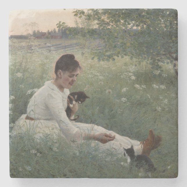 Flickor med katter i ett sommarlandskap (Kittens) Stenunderlägg (Framsidan)