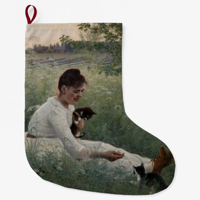 Flickor med katter i ett sommarlandskap (Kittens) Stor Julstrumpa (Framsidan)