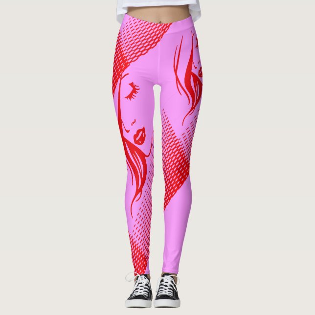 Flickor med lång hår på Rosa med rött Leggings (Framsida)