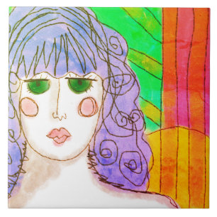 Flickor med Lila Hair Abstrakt Digital Painting Kakelplatta