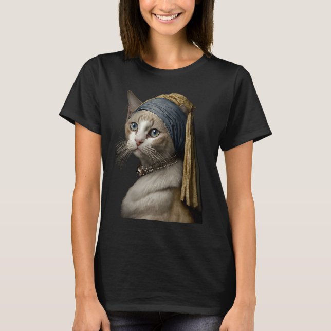 Flickor med Pearl Earring Cat T Shirt (Framsida)
