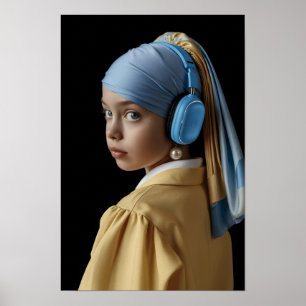 Flickor med Pearl Earring och blå hörlurar automat Poster