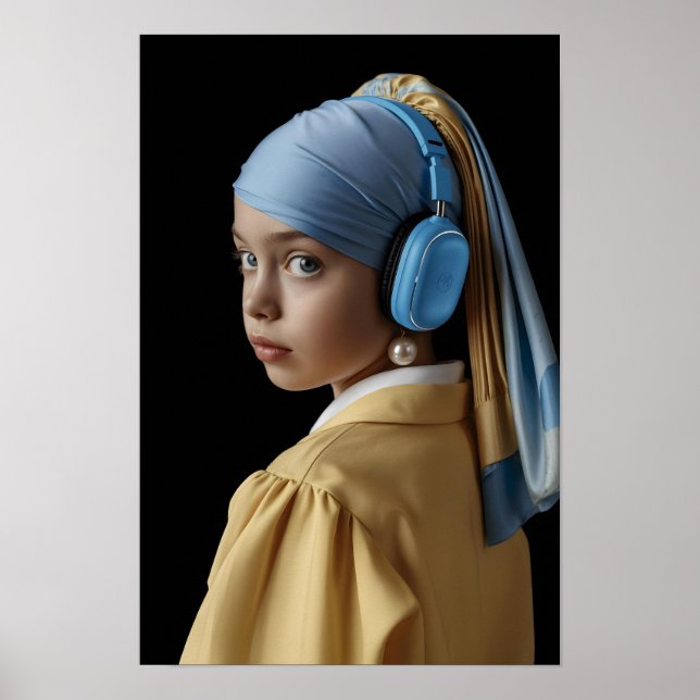 Flickor med Pearl Earring och blå hörlurar automat Poster (Framsidan)