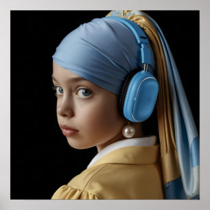 Flickor med Pearl Earring och blå hörlurar automat Poster