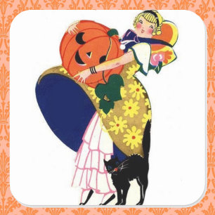Flickor med Pumpkin med svart katt Fyrkantigt Klistermärke