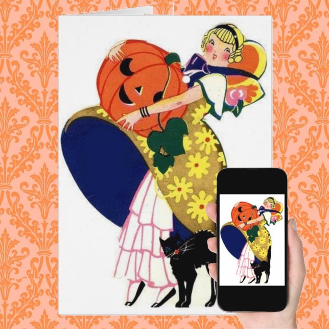 Flickor med Pumpkin med svart katt Hälsningskort (Skapare uppladdad)