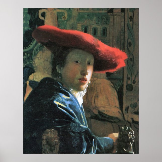 Flickor med röd hatt av Johannes Vermeer Poster (Framsidan)