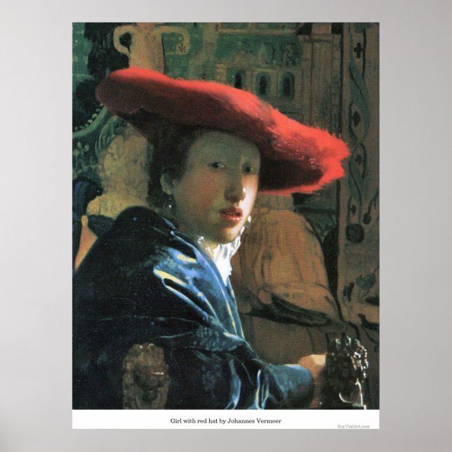 Flickor med röd hatt av Johannes Vermeer Poster (Framsidan)