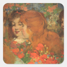Flickor med röda poppies (av George Henry) Fyrkantigt Klistermärke