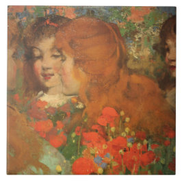 Flickor med röda poppies (av George Henry) Kakelplatta