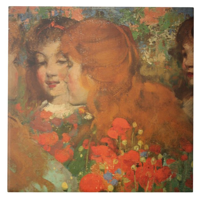 Flickor med röda poppies (av George Henry) Kakelplatta (Framsidan)