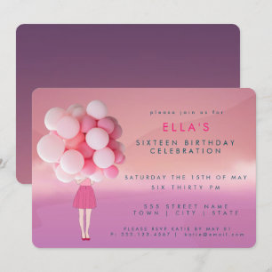 Flickor med Rosa Ballonger Partsinbjudan Inbjudningar