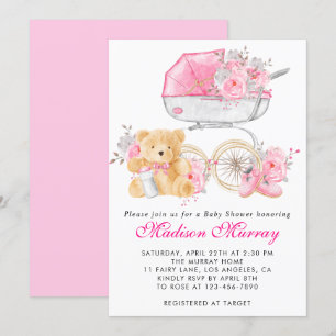 Flickor med  Rosa Blommigt Barnvagn Pram Baby Show Inbjudningar