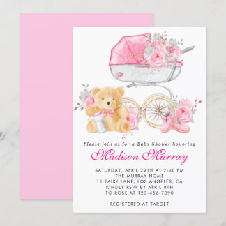 Flickor med Rosa Blommigt Barnvagn Pram Baby Show Inbjudningar