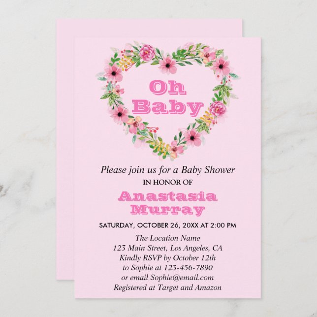 Flickor med  Rosa Blommigt Utandning Vår Babykläde Inbjudningar (Fram/baksida)