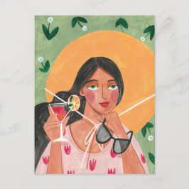 Flickor med sommarhatt solglasögon blommigt tapet vykort