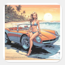 Flickor med sportbil fyrkantigt klistermärke