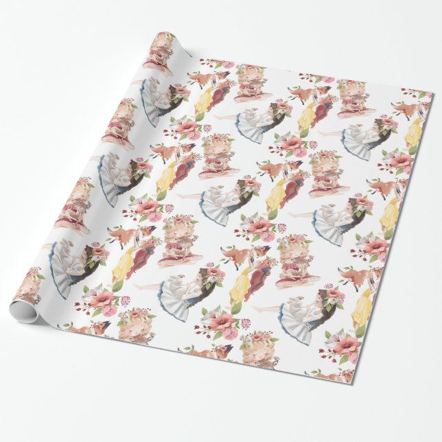 Flickor med Woodland Animals Mönster för barn  Presentpapper (Utrullad)