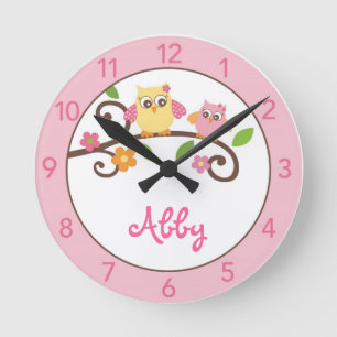 Flickor Mod Uggla Personlig Nursery Wall Clock Rund Klocka
