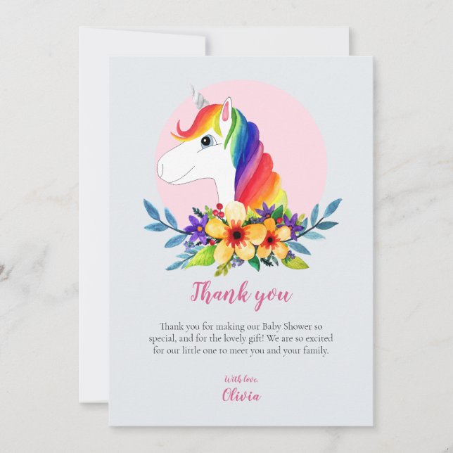 Flickor Modern Rainbow Unicorn Flowers Baby Shower Tack Kort (Framsida)