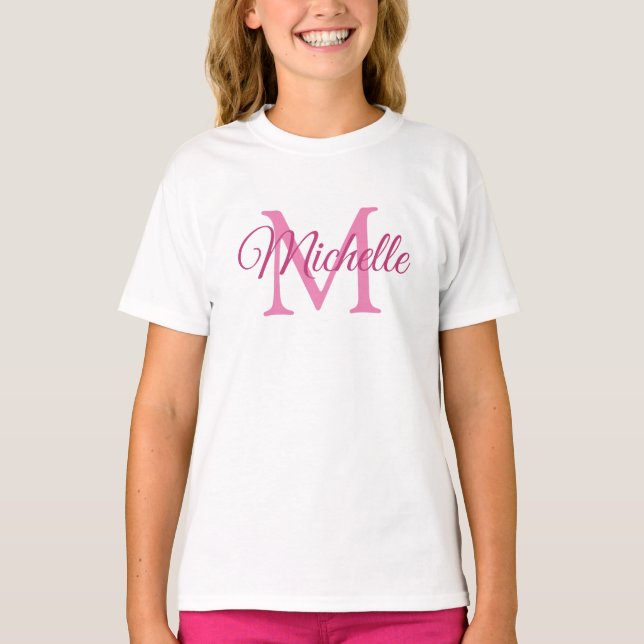Flickor, monogrammed Namn White and Rosa Template T Shirt (Framsida)