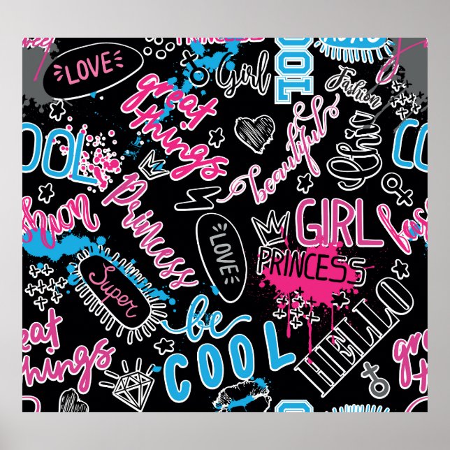 Flickor mönster med kalligrafisk slogan, hjärtan,  poster (Framsidan)