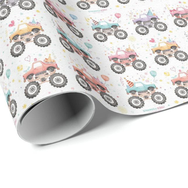 Flickor Monster Truck Inpackningspapper Rosa Akvar Presentpapper (Rullad Hörn)