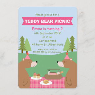 Flickor Nalle Picnic Banner Birthday-inbjudan Inbjudningar