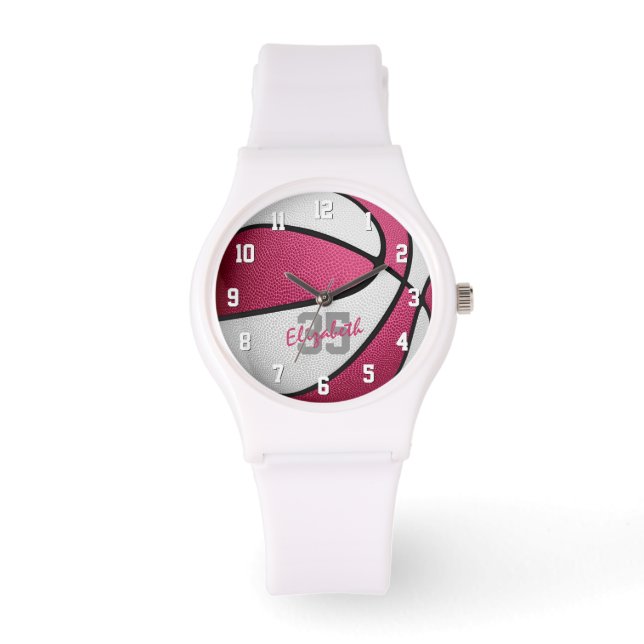 Flickor namn jersey-nummer, rosa, vit basket armbandsur (Framsida)