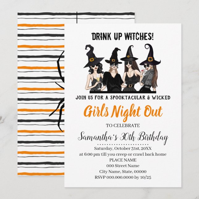 Flickor natt ut ur Witches halloween fest Inbjudningar (Fram/baksida)
