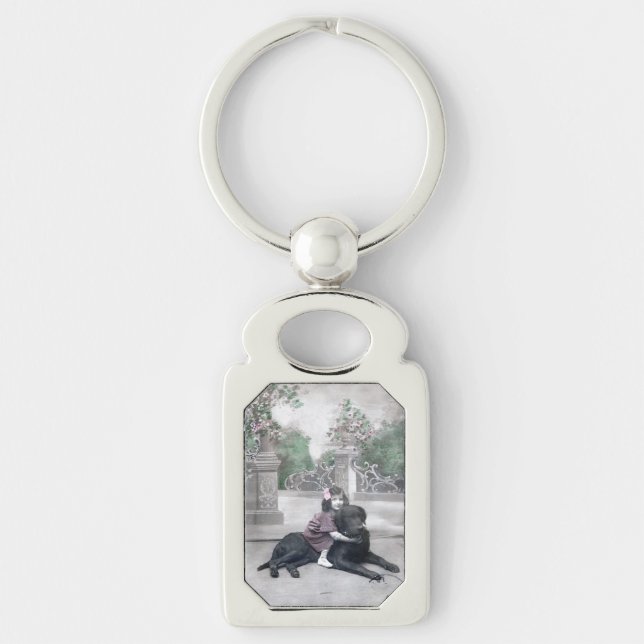 Flickor och hennes Hund Rektangulärt Silverfärgad Nyckelring (Framsidan)