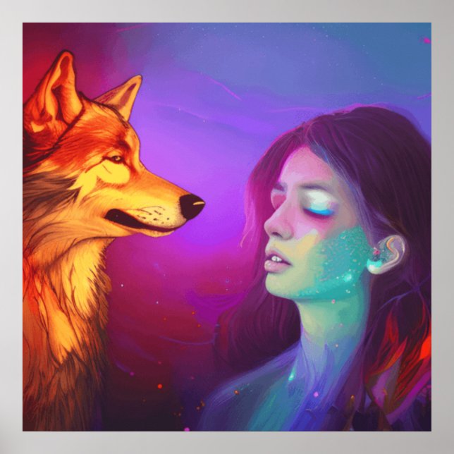 Flickor och hennes Varg AI Genererade Fantasy Pop  Poster (Framsidan)