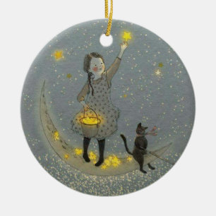 Flickor och katt på Måne och stjärnor Julgransprydnad Keramik