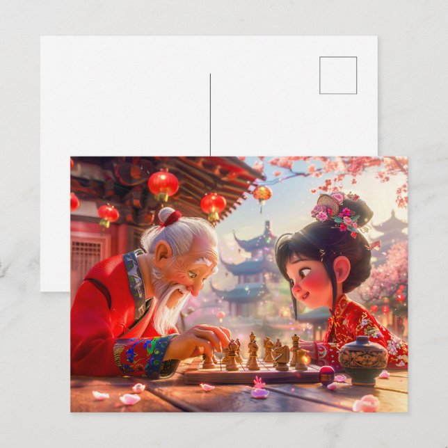 Flickor och morfar spelar modern schess helg vykort (Fram/baksida)