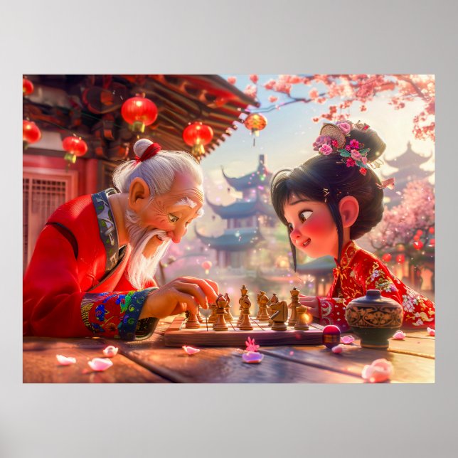 Flickor och morfar spelar modern schess poster (Framsidan)