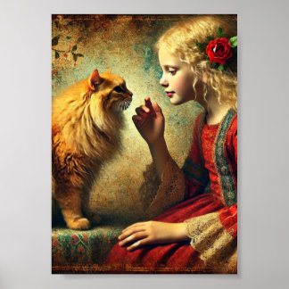 Flickor och Orange Tabby katt Wall Art, Antique Poster