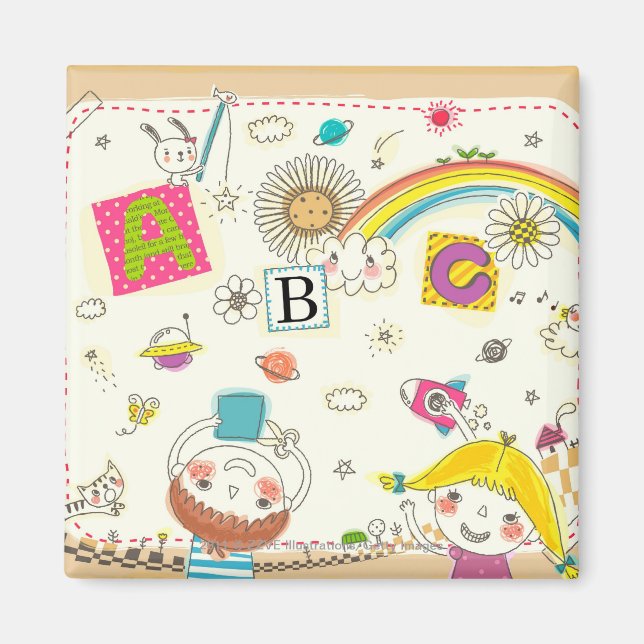 Flickor och pojke som leker med svarta tavlor magnet (Framsidan)