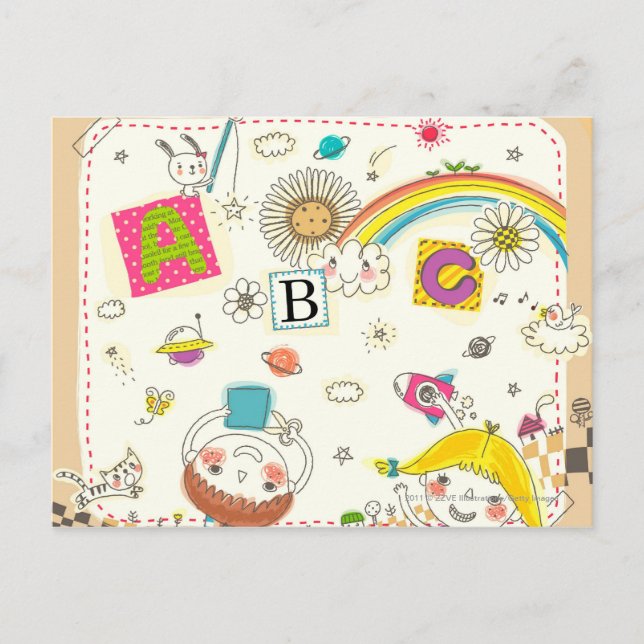 Flickor och pojke som leker med svarta tavlor vykort (Framsida)