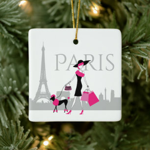 Flickor och Pudel i Paris Eiffel Torn jul Julgransprydnad Keramik