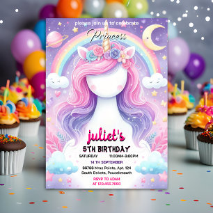 Flickor, omåttligt sött lila rosa Unicorn 1:a föde Inbjudningar