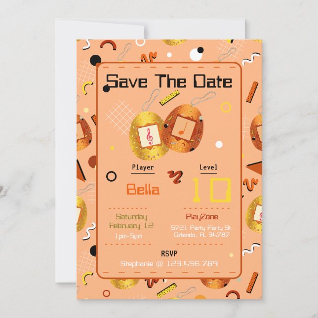 Flickor Orange Gaming Tamagotchi Birthday-inbjudan Inbjudningar (Framsida)