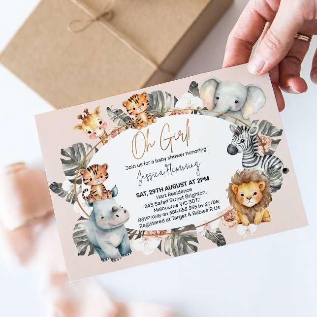 Flickor Oval Ram Boho Tropical Safari Baby Shower Inbjudningar (Sweet safari girl baby shower invitation featuring various safari animals surrounding an oval frame.)