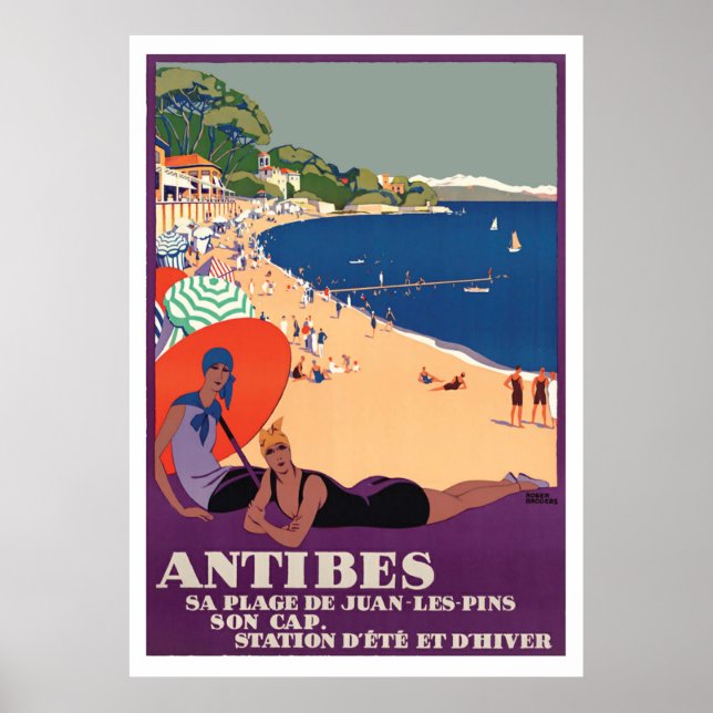 Flickor på Antibes-stranden, Frankrike, Franska Ri Poster (Framsidan)