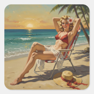 Flickor på Beach Retro 50-talets Pin-up-konst Fyrkantigt Klistermärke