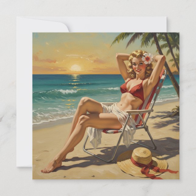 Flickor på Beach Retro 50-talets Pin-up-konst Inbjudningar (Framsida)